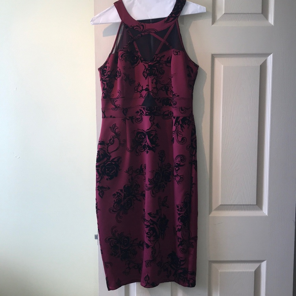 Dark red, velvet floral dress.